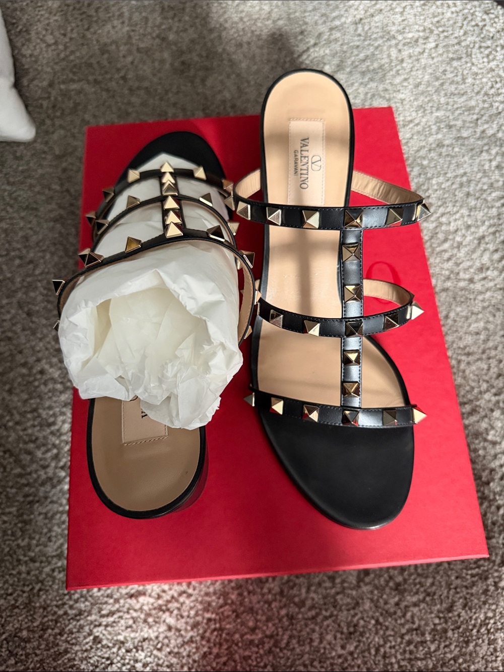 Valentino Black Leather Triple-Strap Stud Slide Sandals with Gold Accents